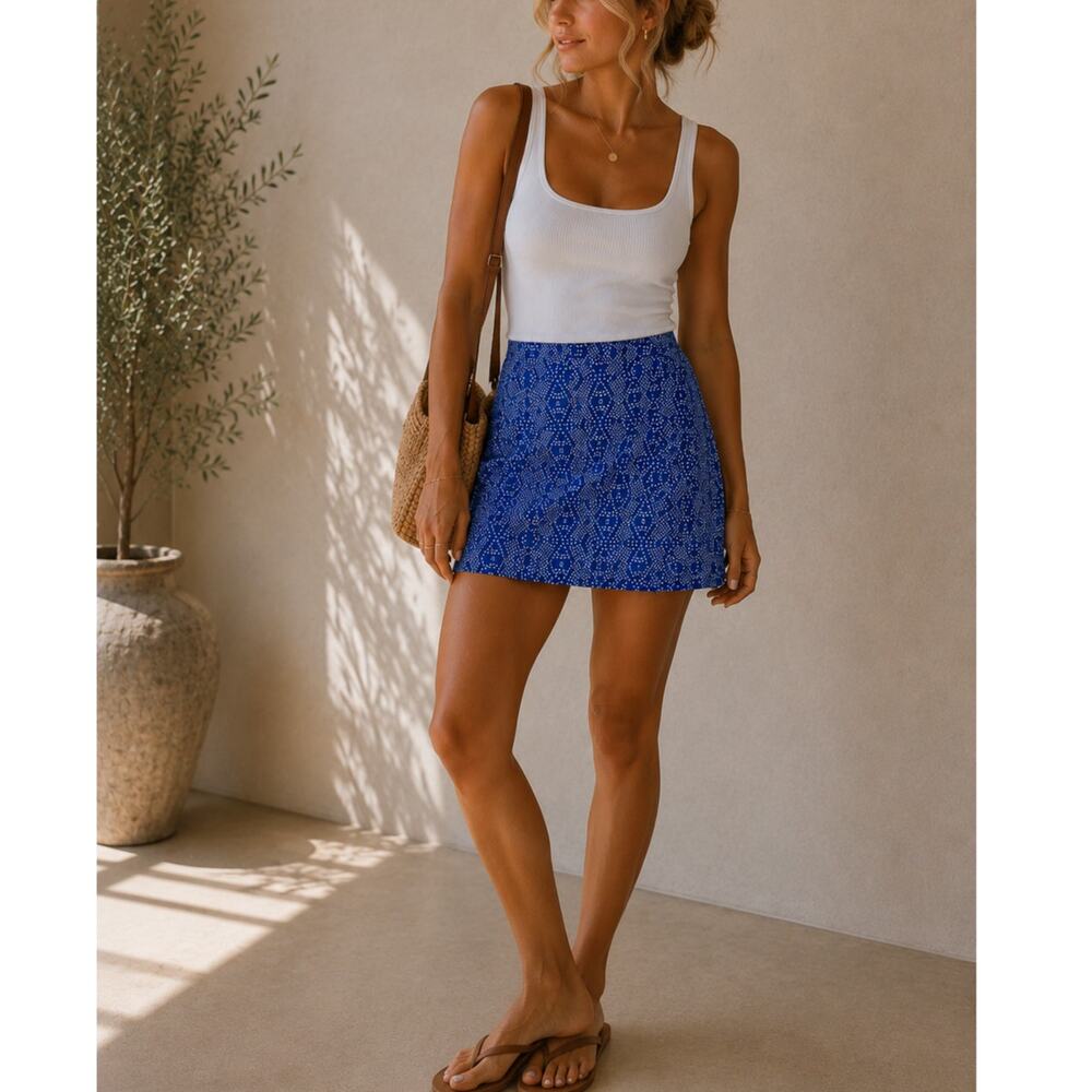 RipSkirt Blue Geometric Print Wrap Mini Skirt Womens S Beachy Summer Vacation